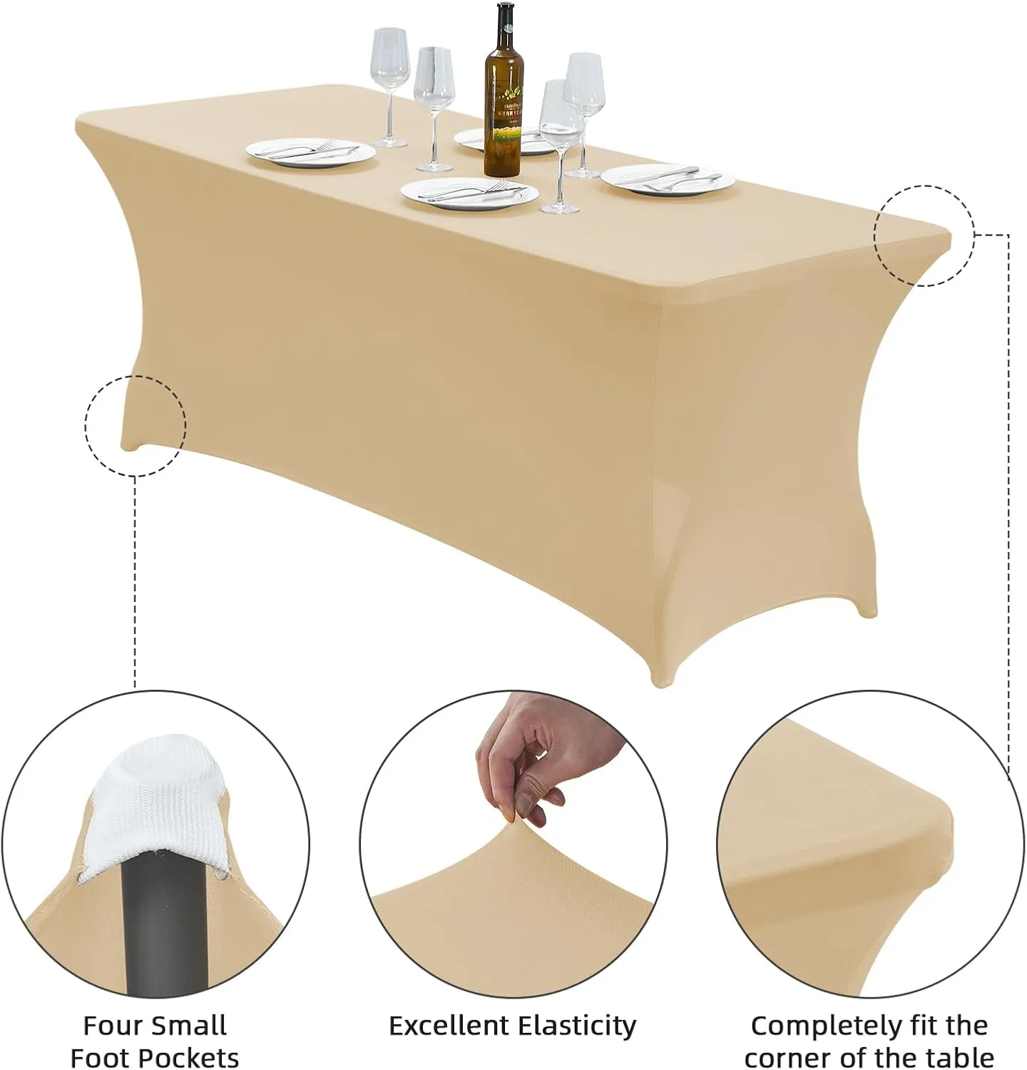 CWK 6FT Stretch Spandex Table Cover for Rectangular Tables - Elastic Fitted Tablecloth for Folding Tables,Wrinkle Resistant,Durable Table Protector for Parties, Weddings, Banquets & Events (Champagne)