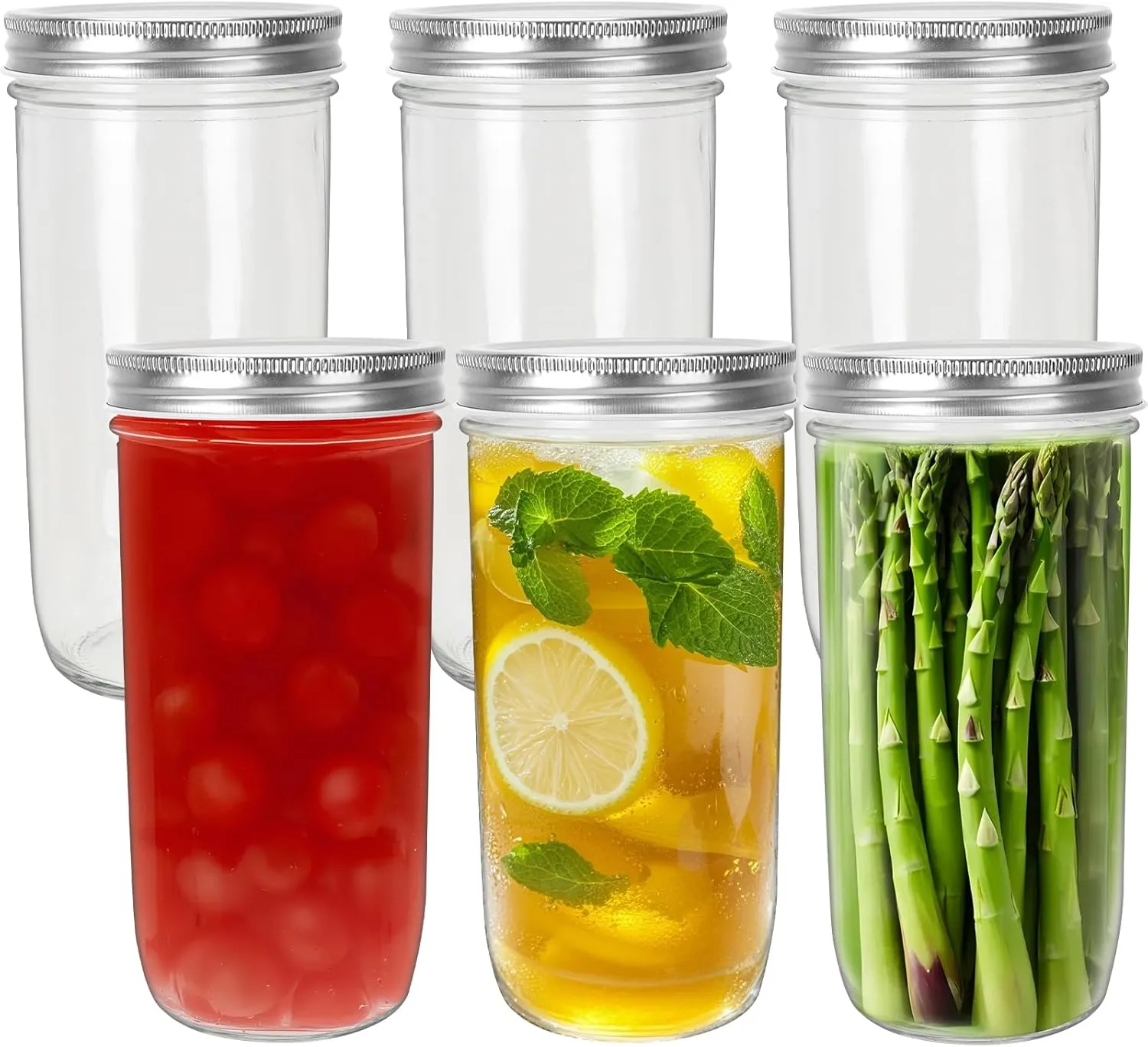 CycleMore 24oz 6 Pack Mason Glass Jars with Silver Separable Lids, Wide Mouth Canning Jars for Jelly, Jam, Honey, Wedding Favors, Spices and Herbs
