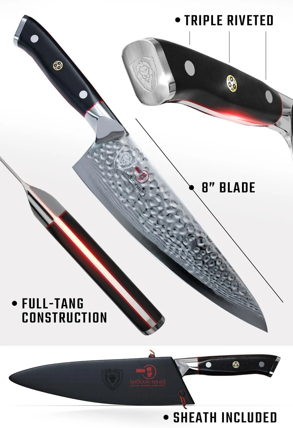 Dalstrong Professional Chef Knife - 8” Blade - Shogun Series ELITE - Damascus Chef Knife - Japanese AUS-10V Super Steel - G10 Black Handle - Razor Sharp - Chef Knife with Sheath