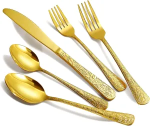 Dandat 60 Pcs Vintage Carved Gold Silverware Set for 12 Stainless Steel Retro Royal Flatware Tableware Cutlery Utensils Set Including Fork Spoon and Knife for Kitchen Restaurant Wedding Home
