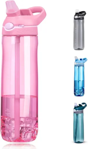 DEARART 24oz Water Bottles With Straw, 100% Leakproof BPA FREE Hidden Nozzle, Flip Up Lid Clear Water Bottle With Handle, Wide Bottle Easy Clear, Suit Office Gym Yoga Sports Travel, Pink