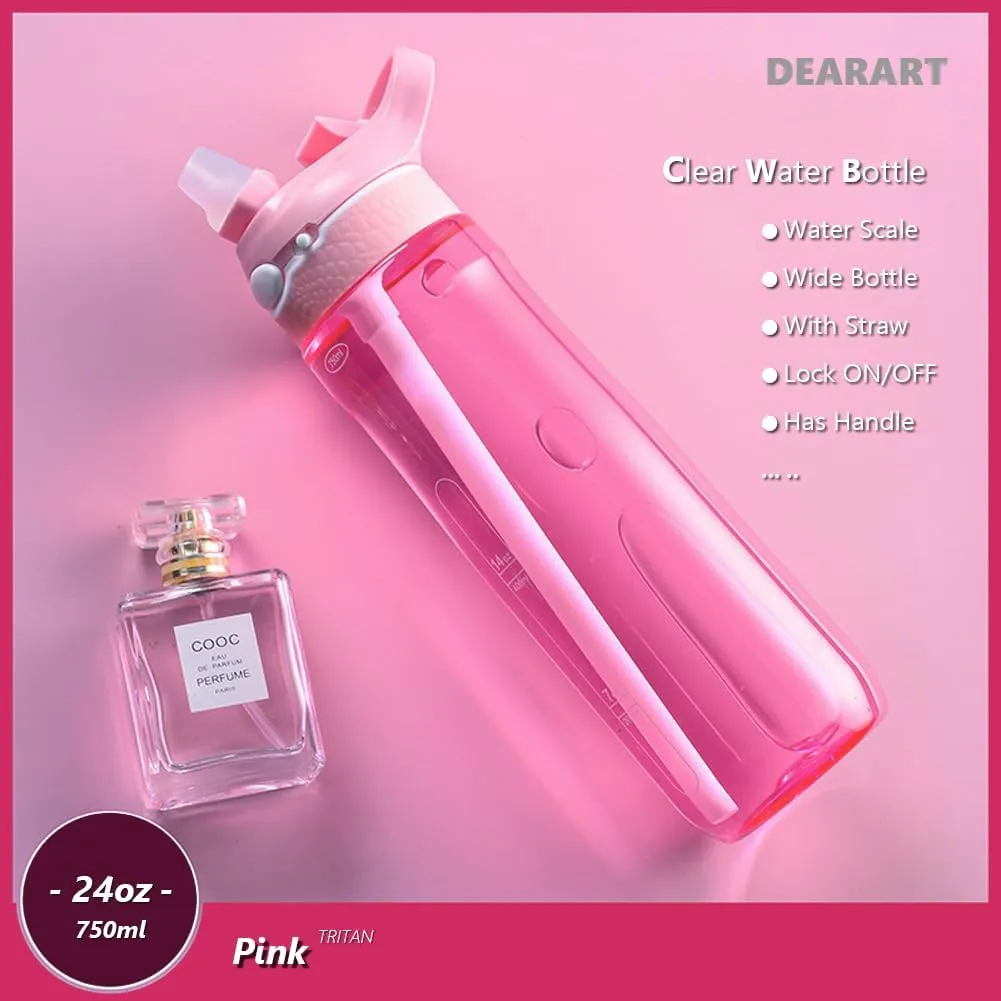 DEARART 24oz Water Bottles With Straw, 100% Leakproof BPA FREE Hidden Nozzle, Flip Up Lid Clear Water Bottle With Handle, Wide Bottle Easy Clear, Suit Office Gym Yoga Sports Travel, Pink