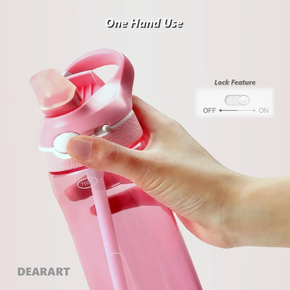 DEARART 24oz Water Bottles With Straw, 100% Leakproof BPA FREE Hidden Nozzle, Flip Up Lid Clear Water Bottle With Handle, Wide Bottle Easy Clear, Suit Office Gym Yoga Sports Travel, Pink