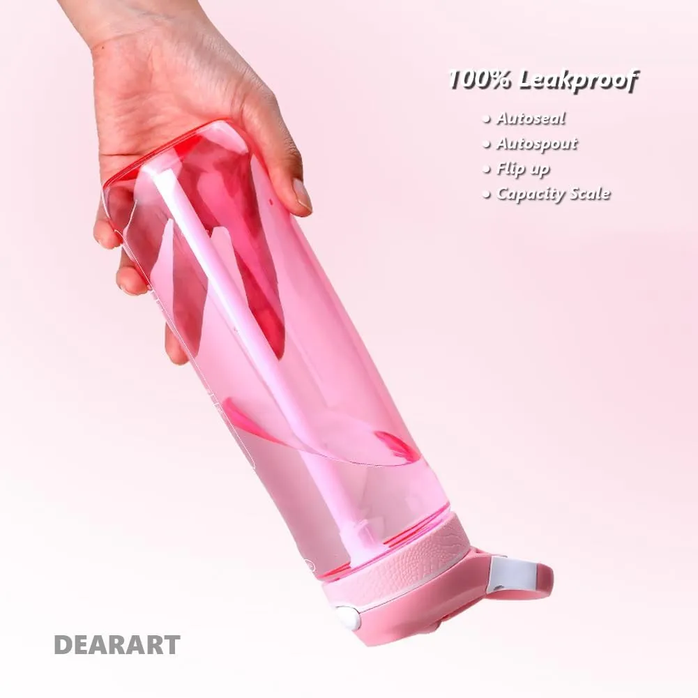 DEARART 24oz Water Bottles With Straw, 100% Leakproof BPA FREE Hidden Nozzle, Flip Up Lid Clear Water Bottle With Handle, Wide Bottle Easy Clear, Suit Office Gym Yoga Sports Travel, Pink