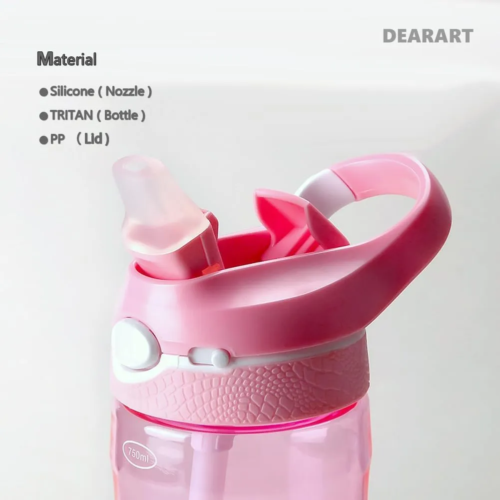 DEARART 24oz Water Bottles With Straw, 100% Leakproof BPA FREE Hidden Nozzle, Flip Up Lid Clear Water Bottle With Handle, Wide Bottle Easy Clear, Suit Office Gym Yoga Sports Travel, Pink
