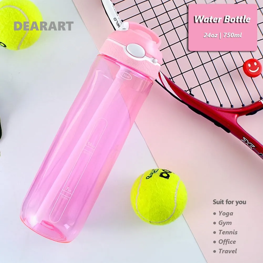 DEARART 24oz Water Bottles With Straw, 100% Leakproof BPA FREE Hidden Nozzle, Flip Up Lid Clear Water Bottle With Handle, Wide Bottle Easy Clear, Suit Office Gym Yoga Sports Travel, Pink