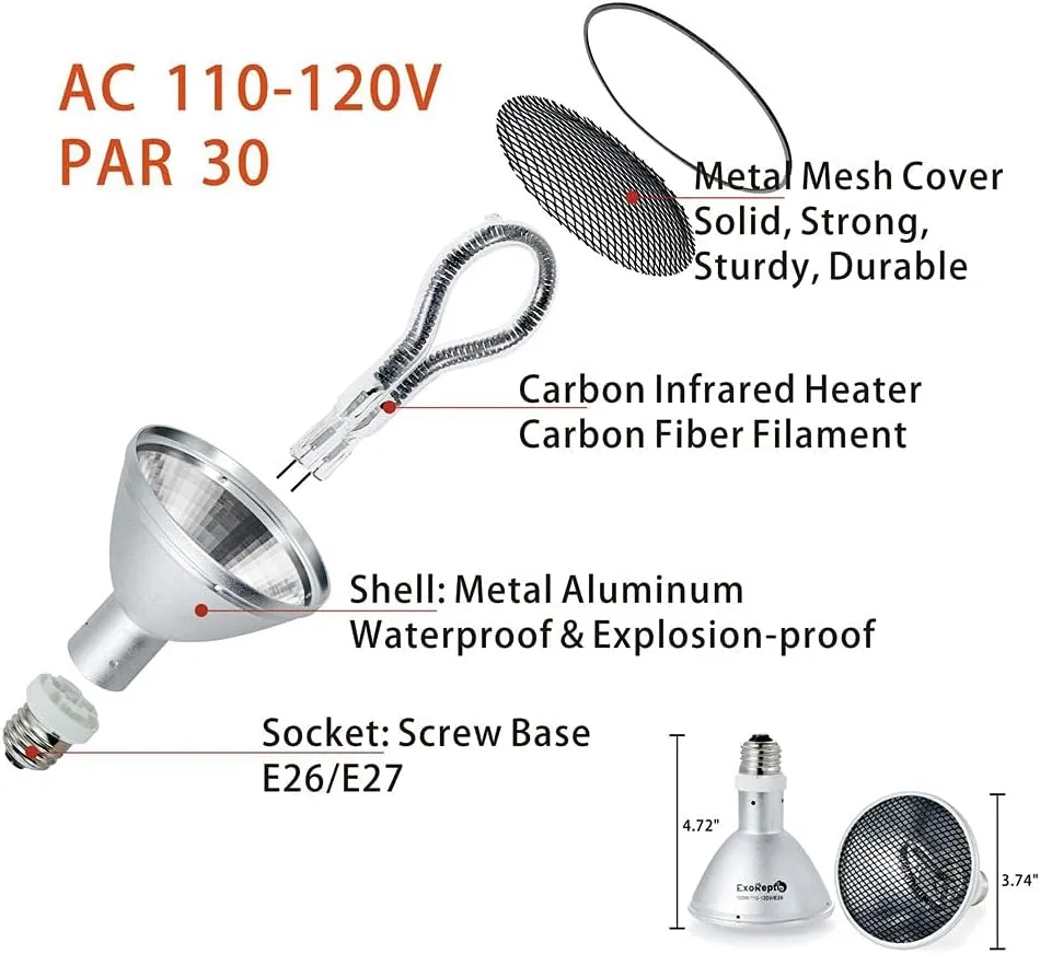 Deep Heat Projector Reptile Heat Lamp Bulb (DHP 100W, PAR30), Basking Light for Bearded Dragon & Leopard Gecko, Carbon Infrared Heater for Amphibian Pet