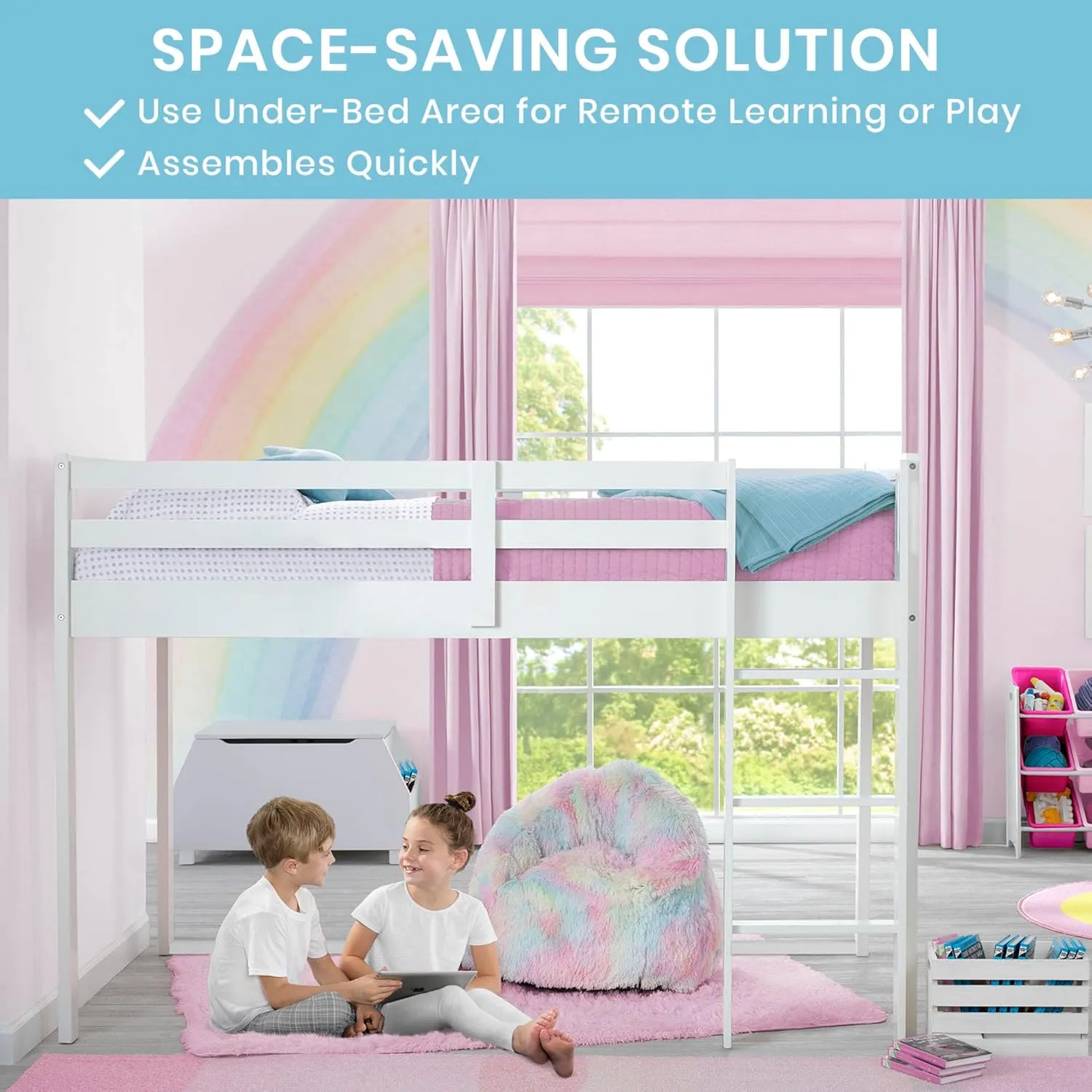 Delta Children Twin Loft Bed with Guardrail and Ladder (Coordinates with Loft Bed Tents Sold Separately), White