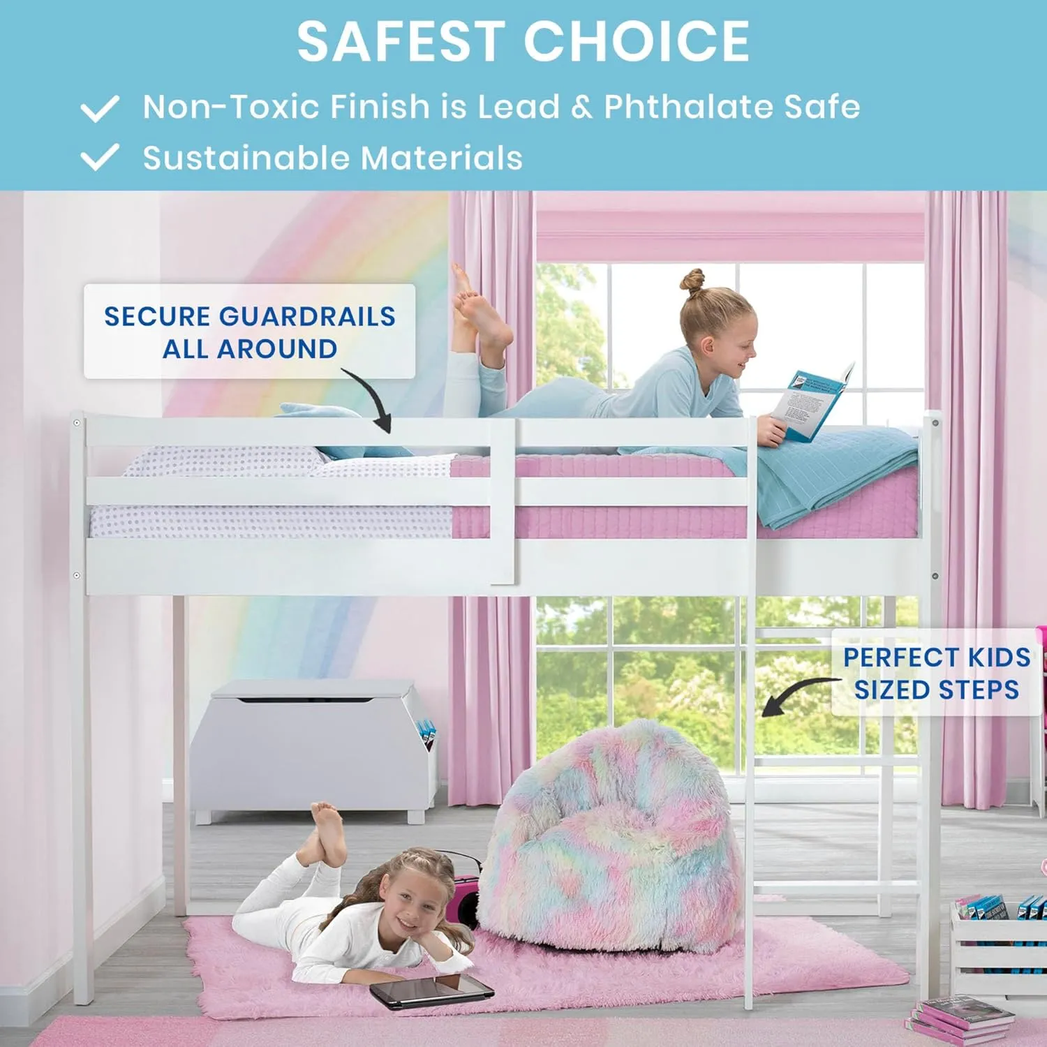 Delta Children Twin Loft Bed with Guardrail and Ladder (Coordinates with Loft Bed Tents Sold Separately), White