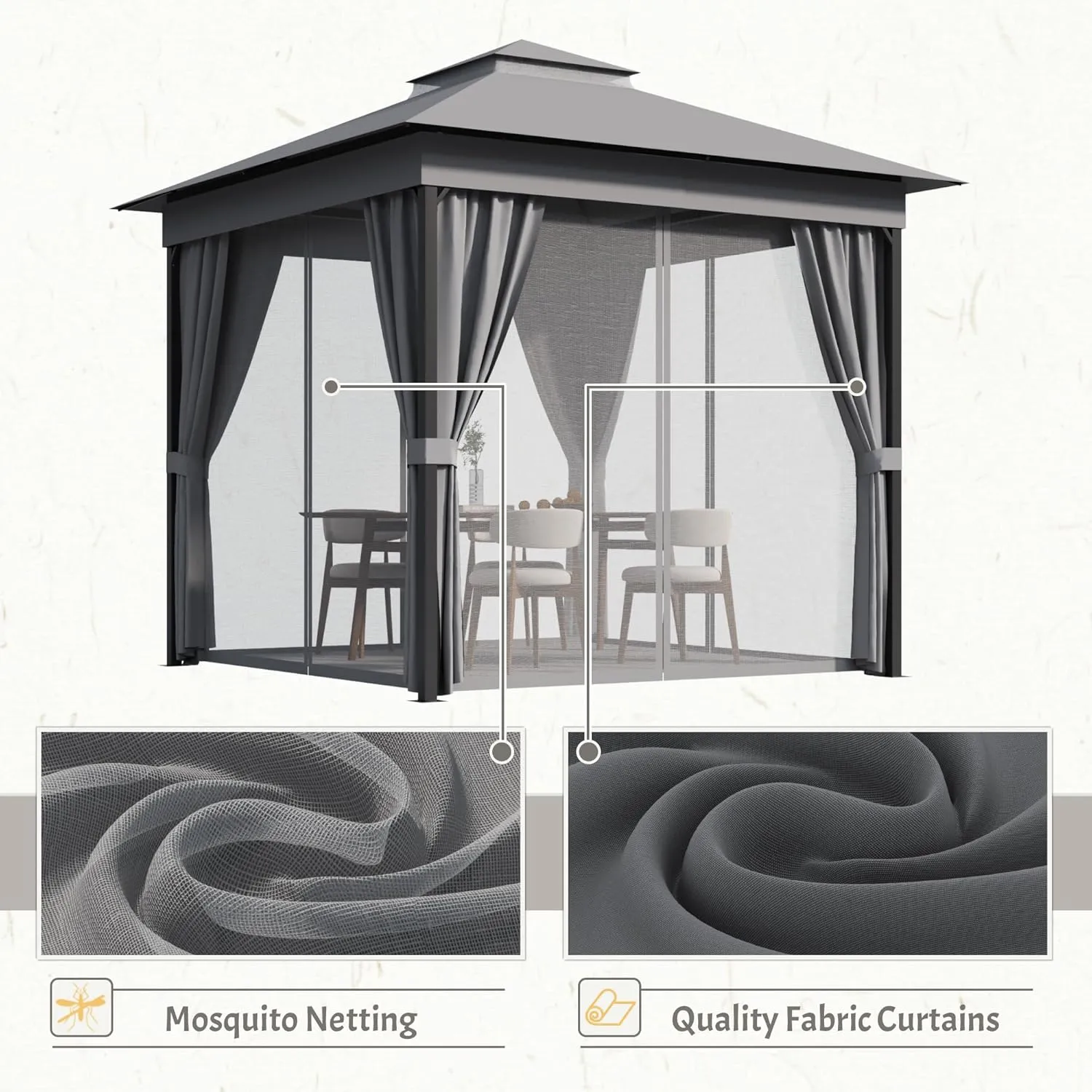 Devoko Outdoor Gazebo for Patio 8'x 8' Heavy Duty Metal Frame Canopy with Expansion Bolts & Double Roofs, Party Tent & Shelter with Mosquito Nettings and Privacy Screen for Backyard, Garden (Grey)