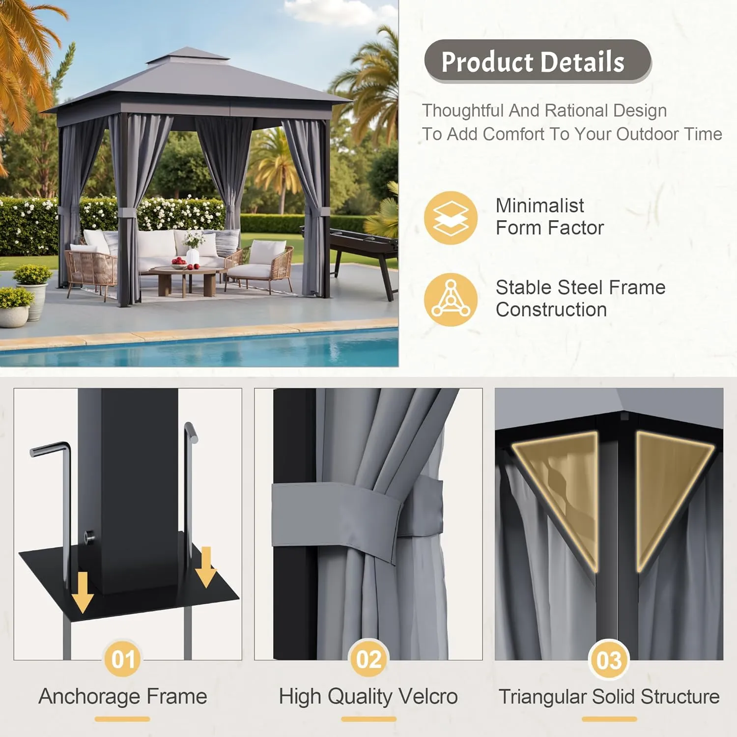 Devoko Outdoor Gazebo for Patio 8'x 8' Heavy Duty Metal Frame Canopy with Expansion Bolts & Double Roofs, Party Tent & Shelter with Mosquito Nettings and Privacy Screen for Backyard, Garden (Grey)