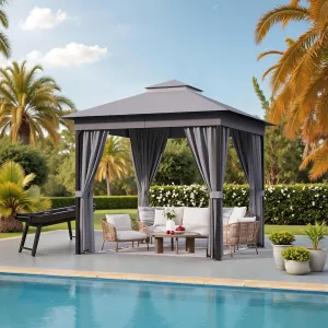 Devoko Outdoor Gazebo for Patio 8'x 8' Heavy Duty Metal Frame Canopy with Expansion Bolts & Double Roofs, Party Tent & Shelter with Mosquito Nettings and Privacy Screen for Backyard, Garden (Grey)