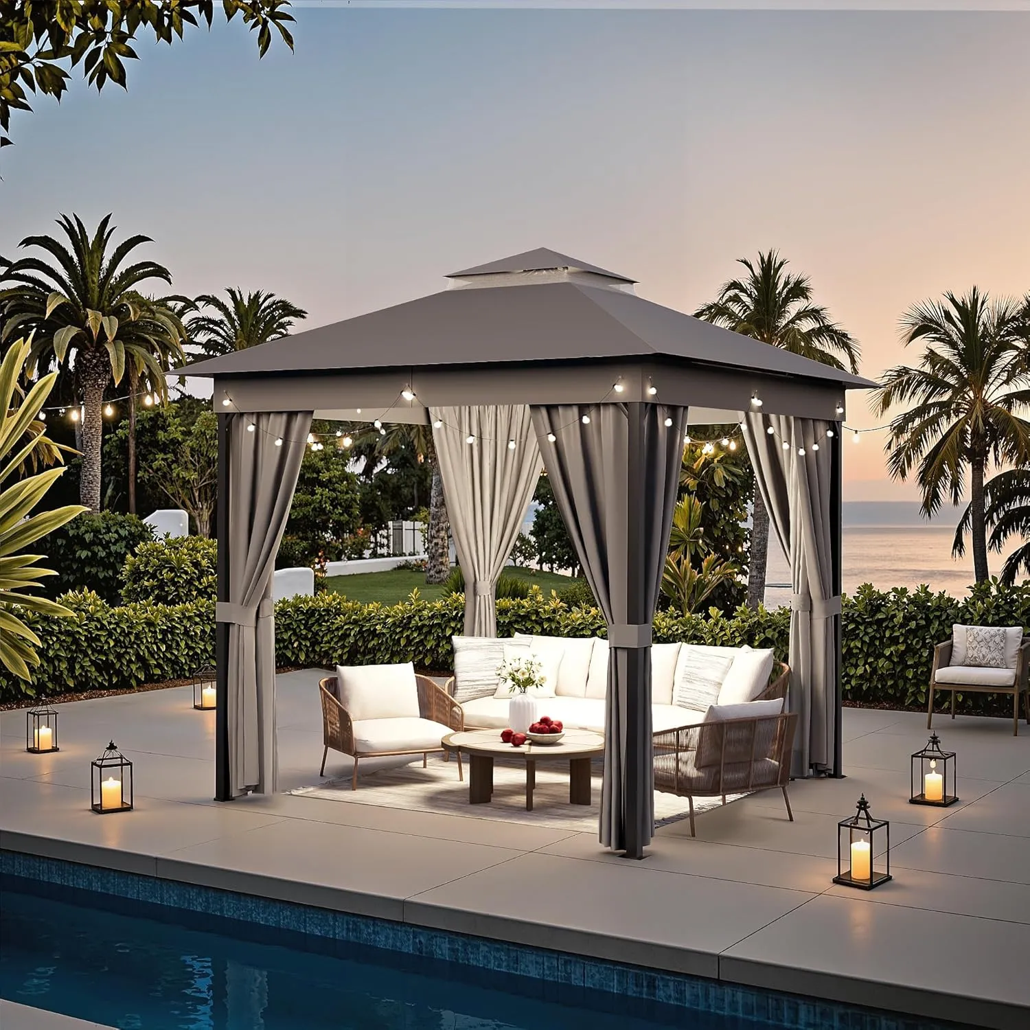 Devoko Outdoor Gazebo for Patio 8'x 8' Heavy Duty Metal Frame Canopy with Expansion Bolts & Double Roofs, Party Tent & Shelter with Mosquito Nettings and Privacy Screen for Backyard, Garden (Grey)