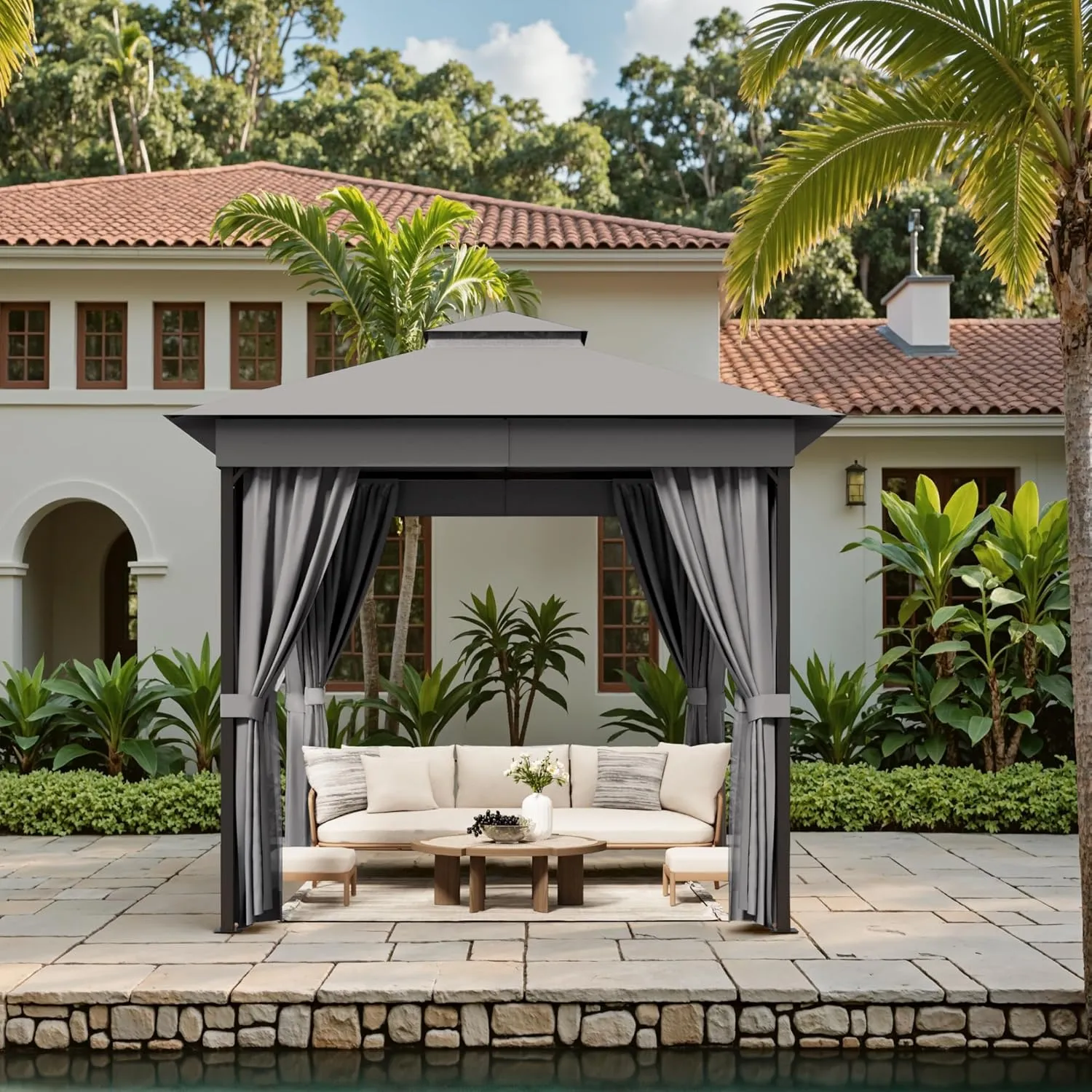 Devoko Outdoor Gazebo for Patio 8'x 8' Heavy Duty Metal Frame Canopy with Expansion Bolts & Double Roofs, Party Tent & Shelter with Mosquito Nettings and Privacy Screen for Backyard, Garden (Grey)