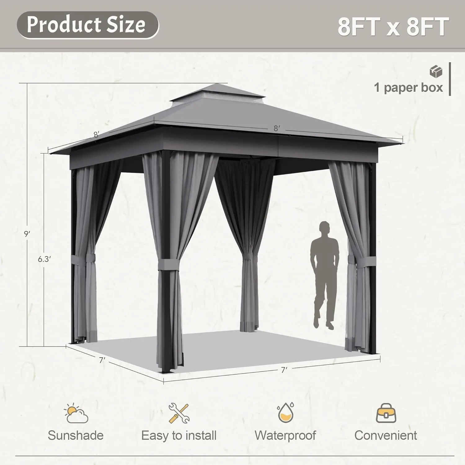 Devoko Outdoor Gazebo for Patio 8'x 8' Heavy Duty Metal Frame Canopy with Expansion Bolts & Double Roofs, Party Tent & Shelter with Mosquito Nettings and Privacy Screen for Backyard, Garden (Grey)