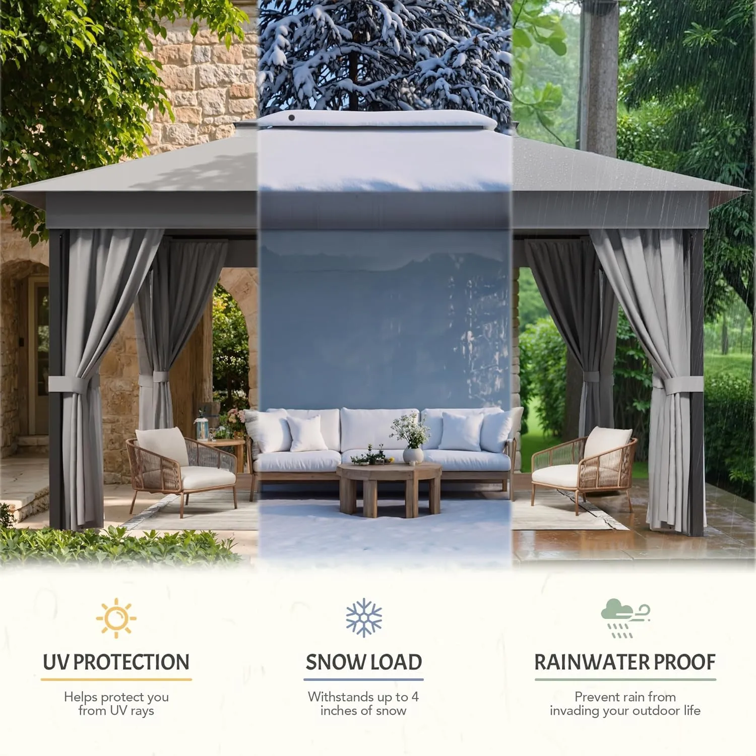 Devoko Outdoor Gazebo for Patio 8'x 8' Heavy Duty Metal Frame Canopy with Expansion Bolts & Double Roofs, Party Tent & Shelter with Mosquito Nettings and Privacy Screen for Backyard, Garden (Grey)