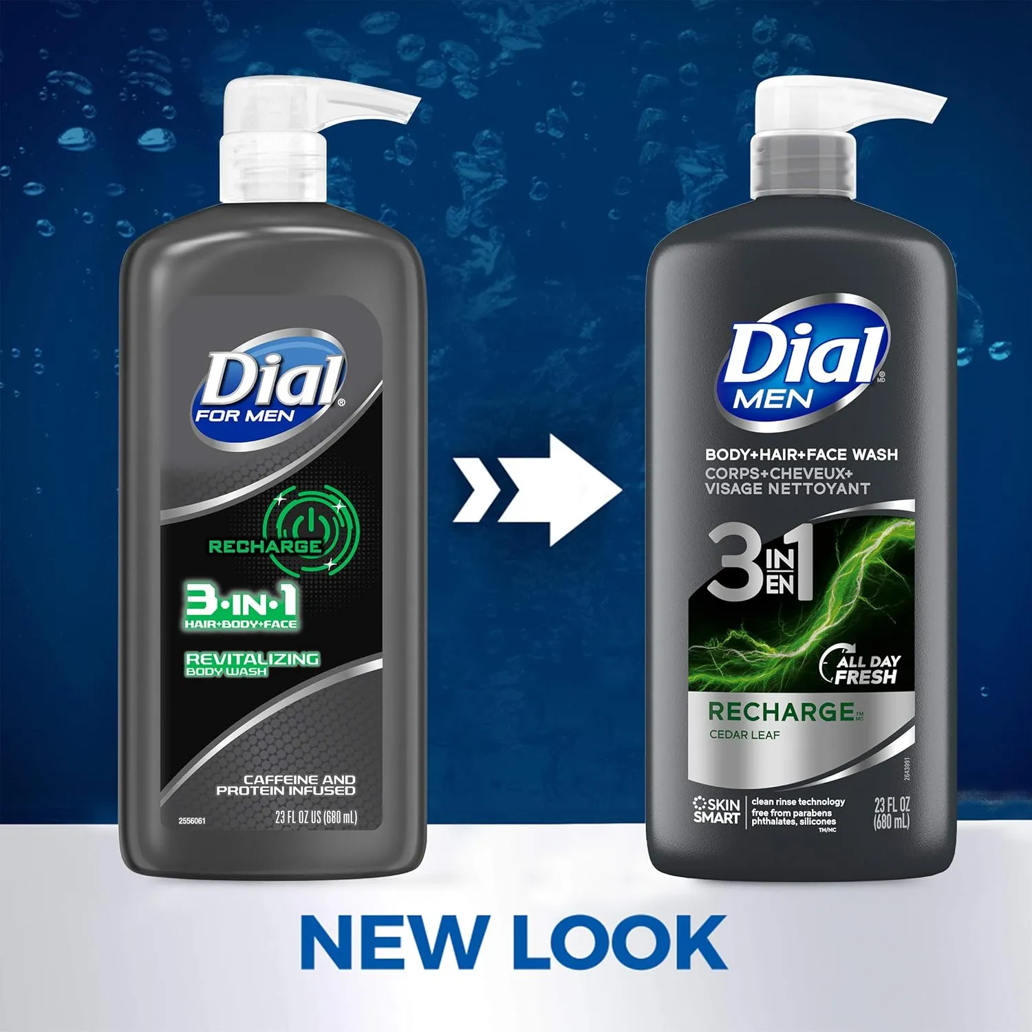 Dial Men 3in1 Body, Hair and Face Wash, Recharge, 69 fl oz (3-23 fl oz Bottles)