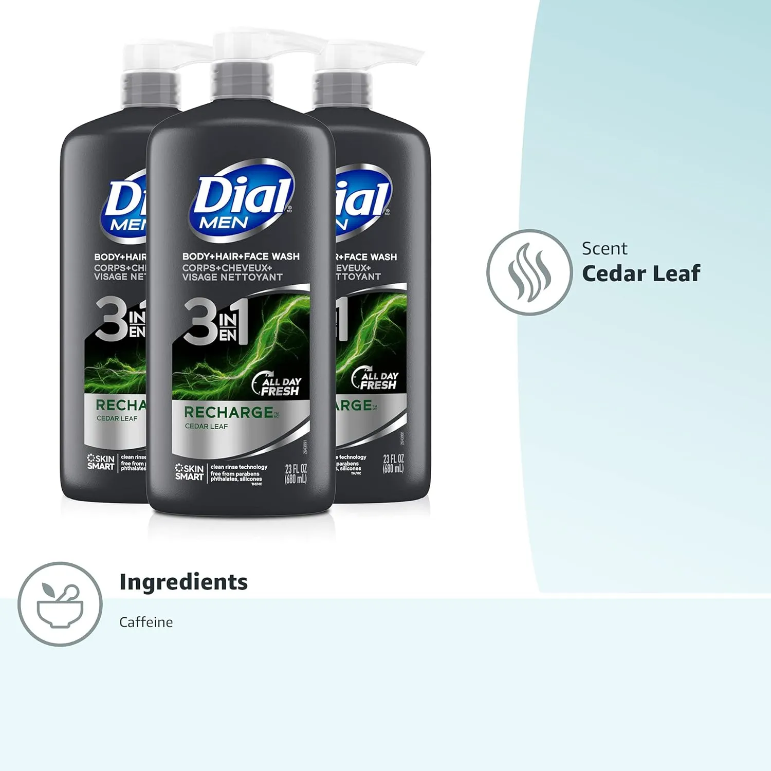 Dial Men 3in1 Body, Hair and Face Wash, Recharge, 69 fl oz (3-23 fl oz Bottles)