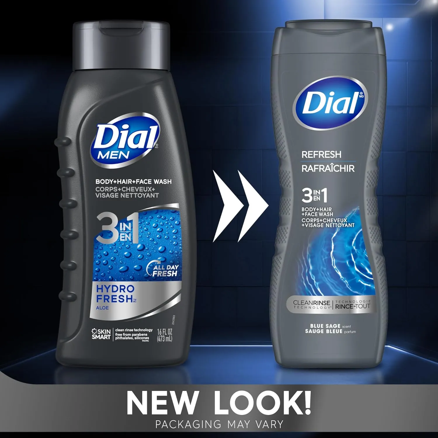 Dial Men 3in1 Body, Hair and Face Wash, Refresh, Blue Sage Scent, 16 fl oz, Pack of 4