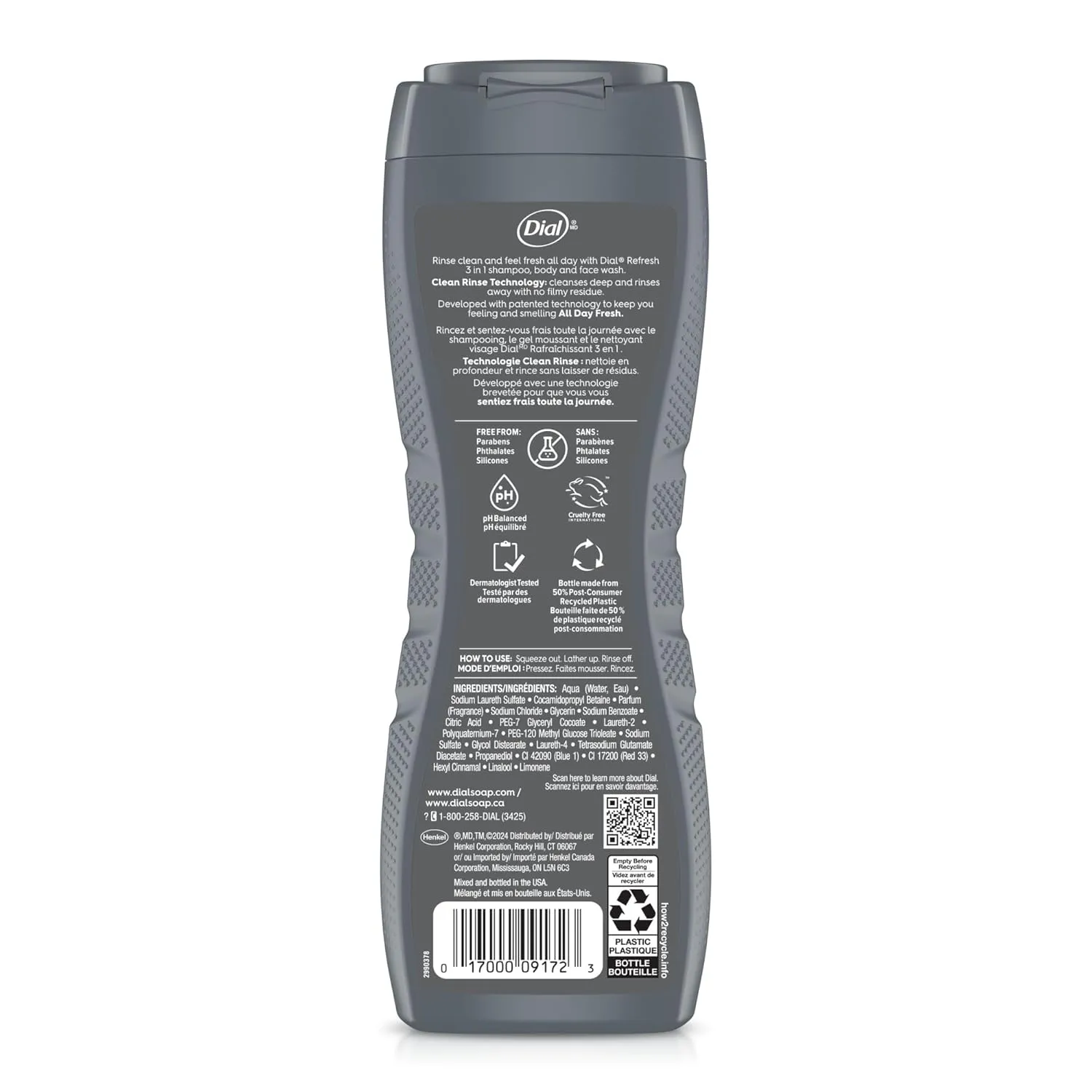 Dial Men 3in1 Body, Hair and Face Wash, Refresh, Blue Sage Scent, 16 fl oz, Pack of 4