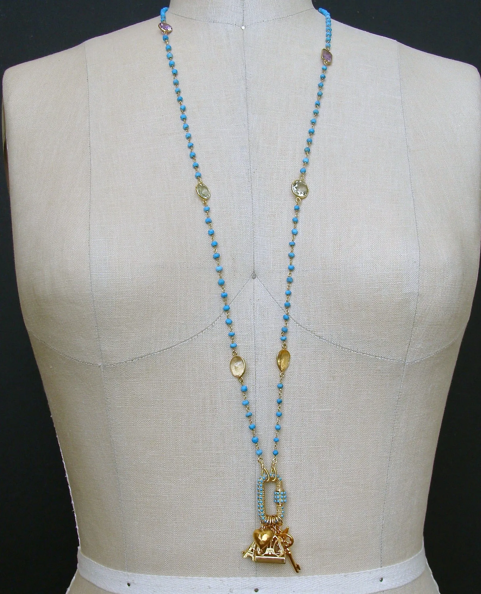 Diamond Turquoise Pave Lock Turquoise Citrine Amethyst Prasiolite, Topaz Intaglio Fob Necklace - Serrures D'Amour Necklace
