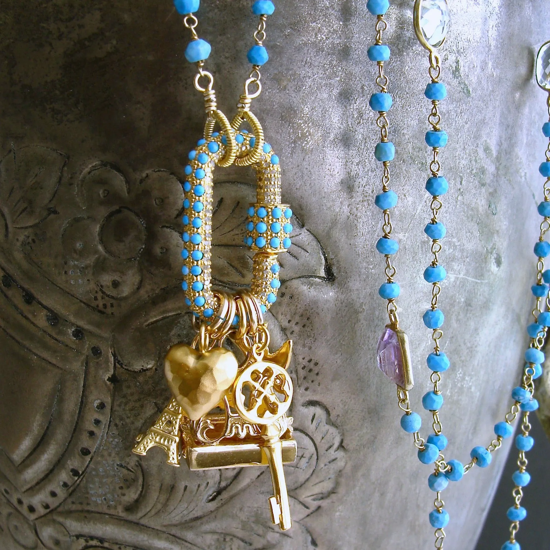 Diamond Turquoise Pave Lock Turquoise Citrine Amethyst Prasiolite, Topaz Intaglio Fob Necklace - Serrures D'Amour Necklace