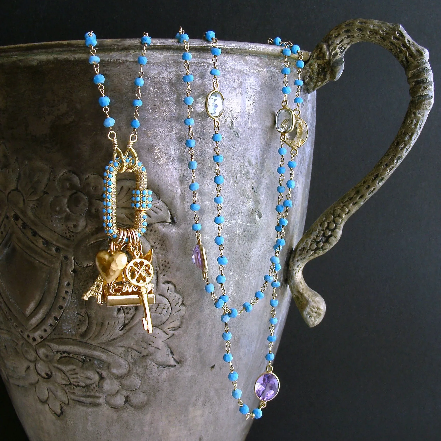 Diamond Turquoise Pave Lock Turquoise Citrine Amethyst Prasiolite, Topaz Intaglio Fob Necklace - Serrures D'Amour Necklace