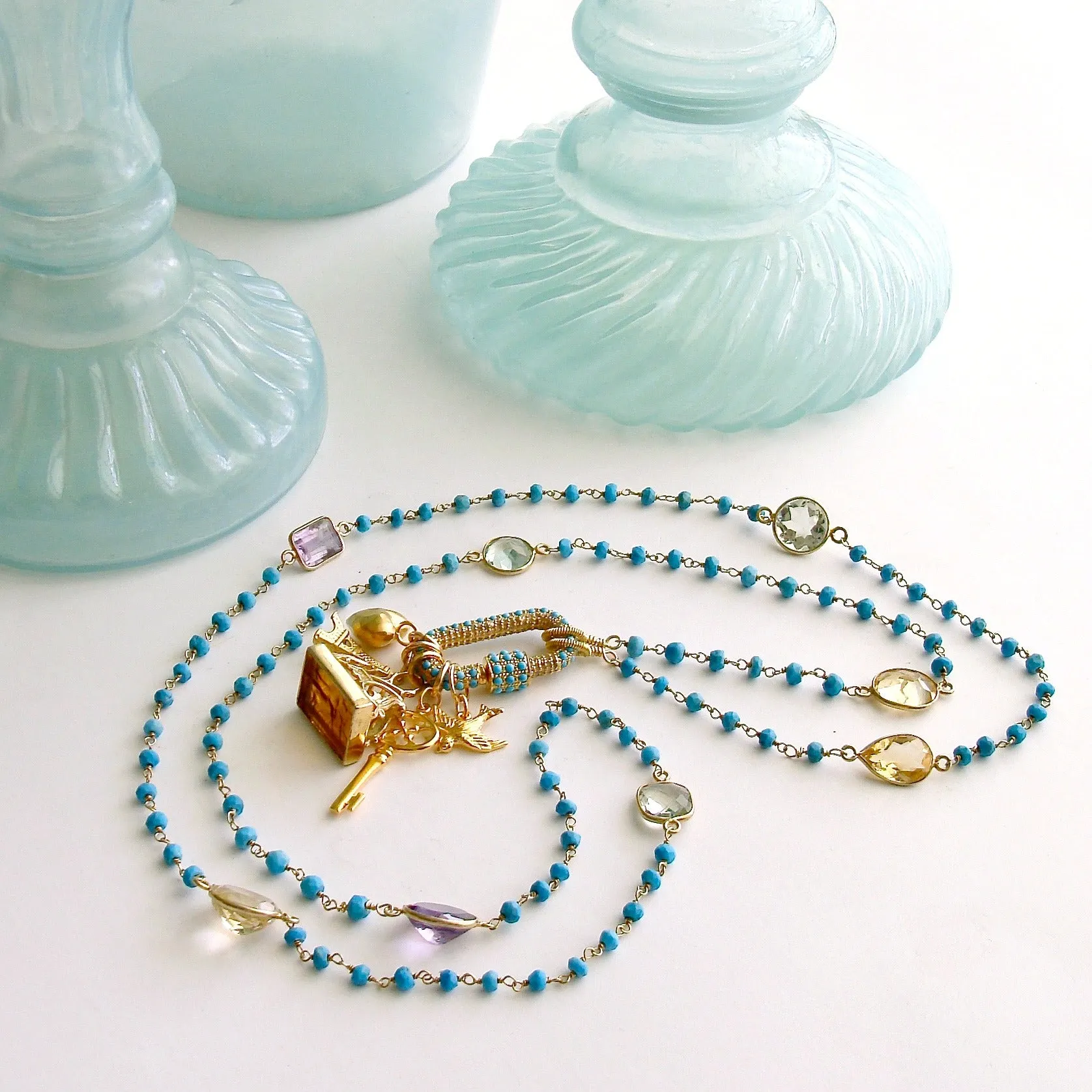Diamond Turquoise Pave Lock Turquoise Citrine Amethyst Prasiolite, Topaz Intaglio Fob Necklace - Serrures D'Amour Necklace