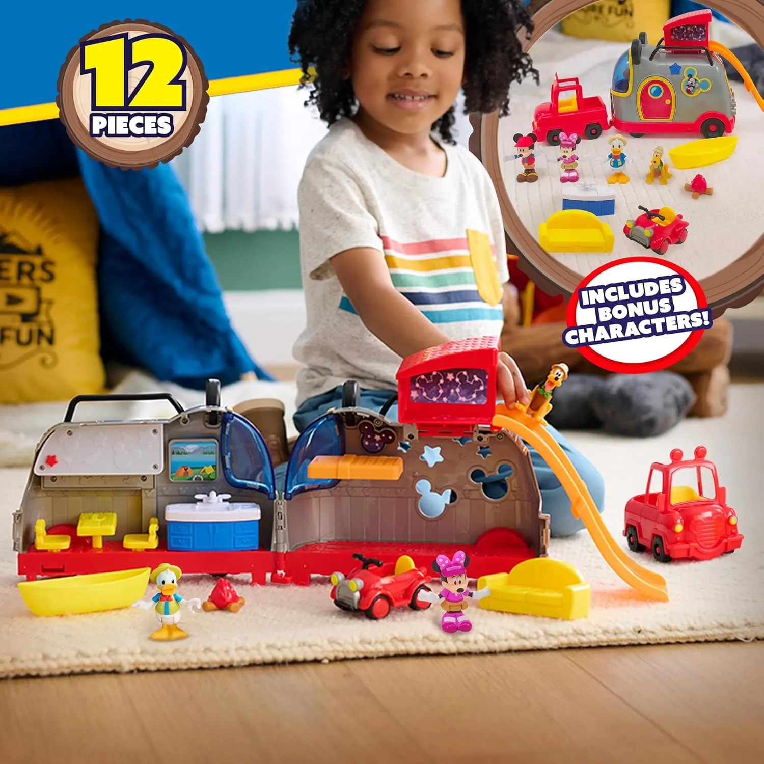 Disney Junior Mickey Mouse Happy Camper Lights and Sounds Playset, 12-Pieces, Bonus Pieces Included, Kids Toys for Ages 3 Up by Just Play