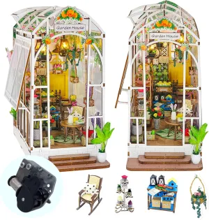 DIY Book Nook Kit with Music Box, 3D Wooden Puzzle Dollhouse with LED, Greenhouse Bookend for Adults and Teens, Bookshelf Decoration, Creative Gift for Friends and Family. Garden House
