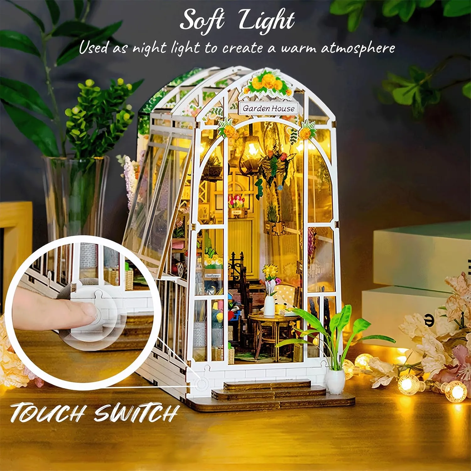 DIY Book Nook Kit with Music Box, 3D Wooden Puzzle Dollhouse with LED, Greenhouse Bookend for Adults and Teens, Bookshelf Decoration, Creative Gift for Friends and Family. Garden House