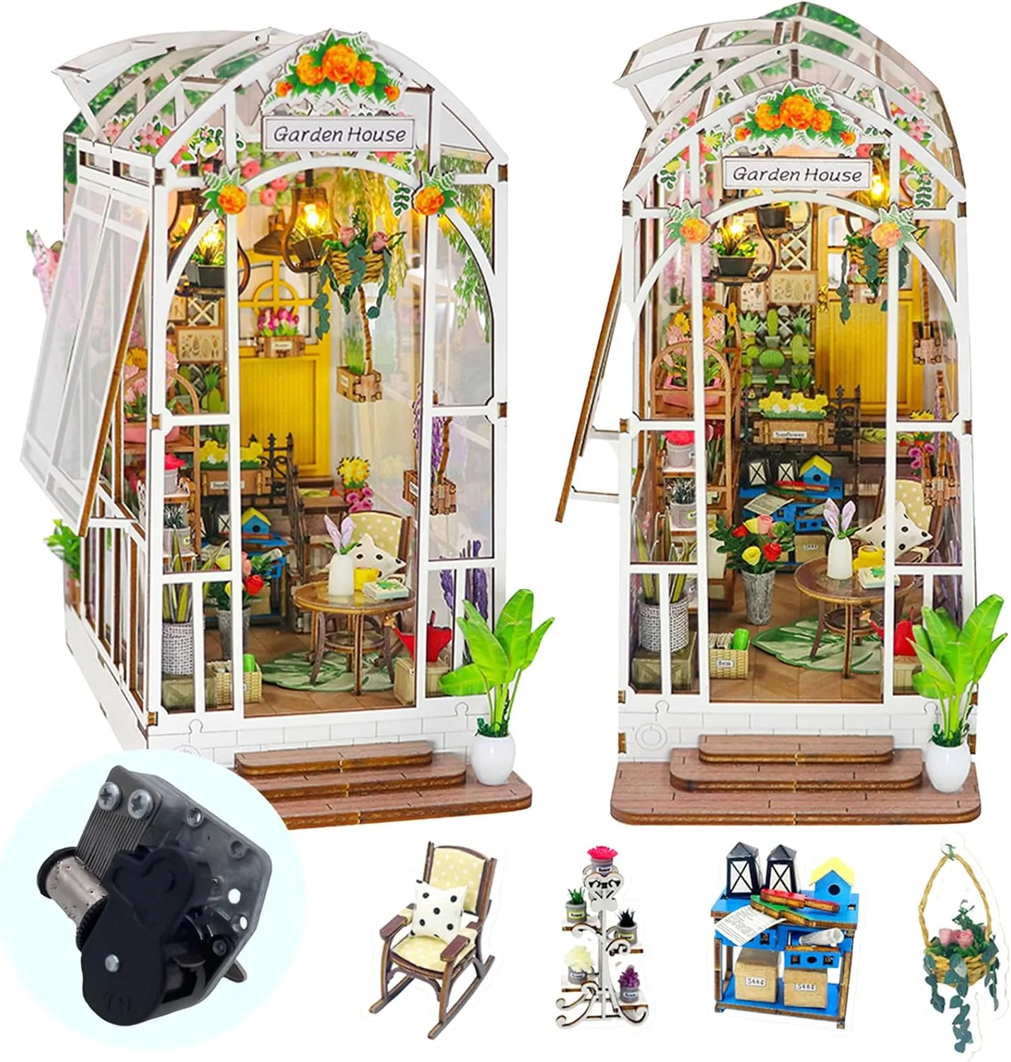 DIY Book Nook Kit with Music Box, 3D Wooden Puzzle Dollhouse with LED, Greenhouse Bookend for Adults and Teens, Bookshelf Decoration, Creative Gift for Friends and Family. Garden House