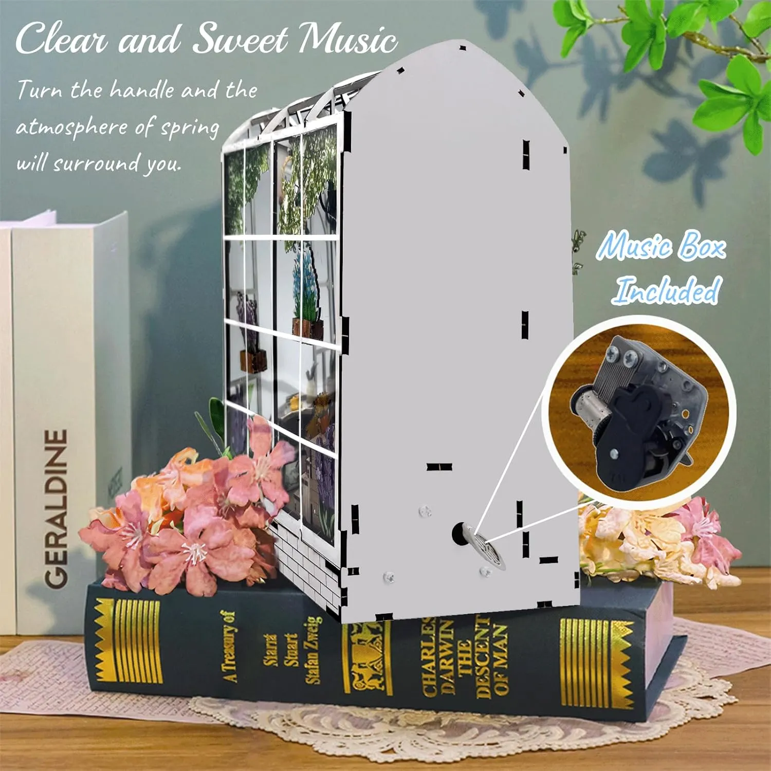 DIY Book Nook Kit with Music Box, 3D Wooden Puzzle Dollhouse with LED, Greenhouse Bookend for Adults and Teens, Bookshelf Decoration, Creative Gift for Friends and Family. Garden House