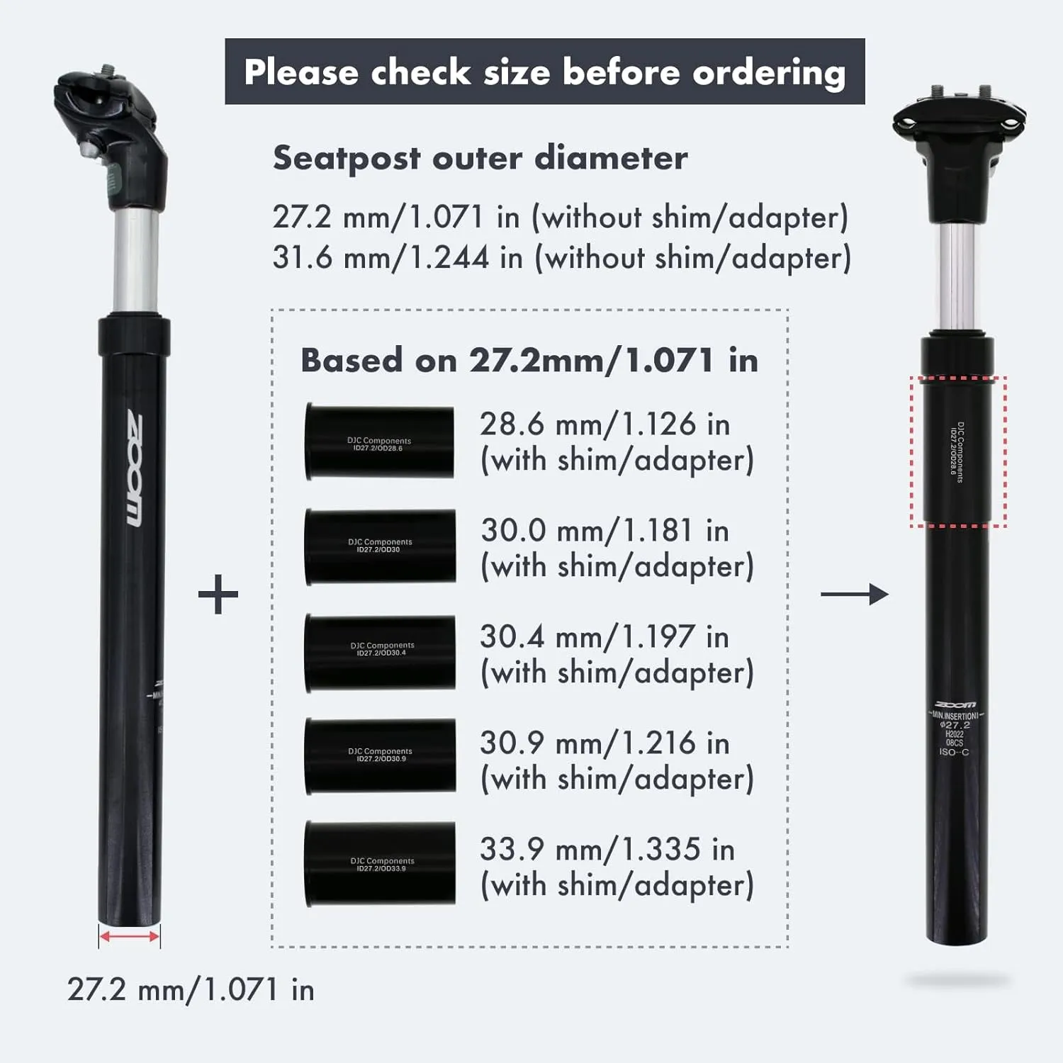 DJC Bike Suspension Seatpost Shock Absorber Damper Post 27.2 30.9 31.6 mm, Lightweight Aluminum Body