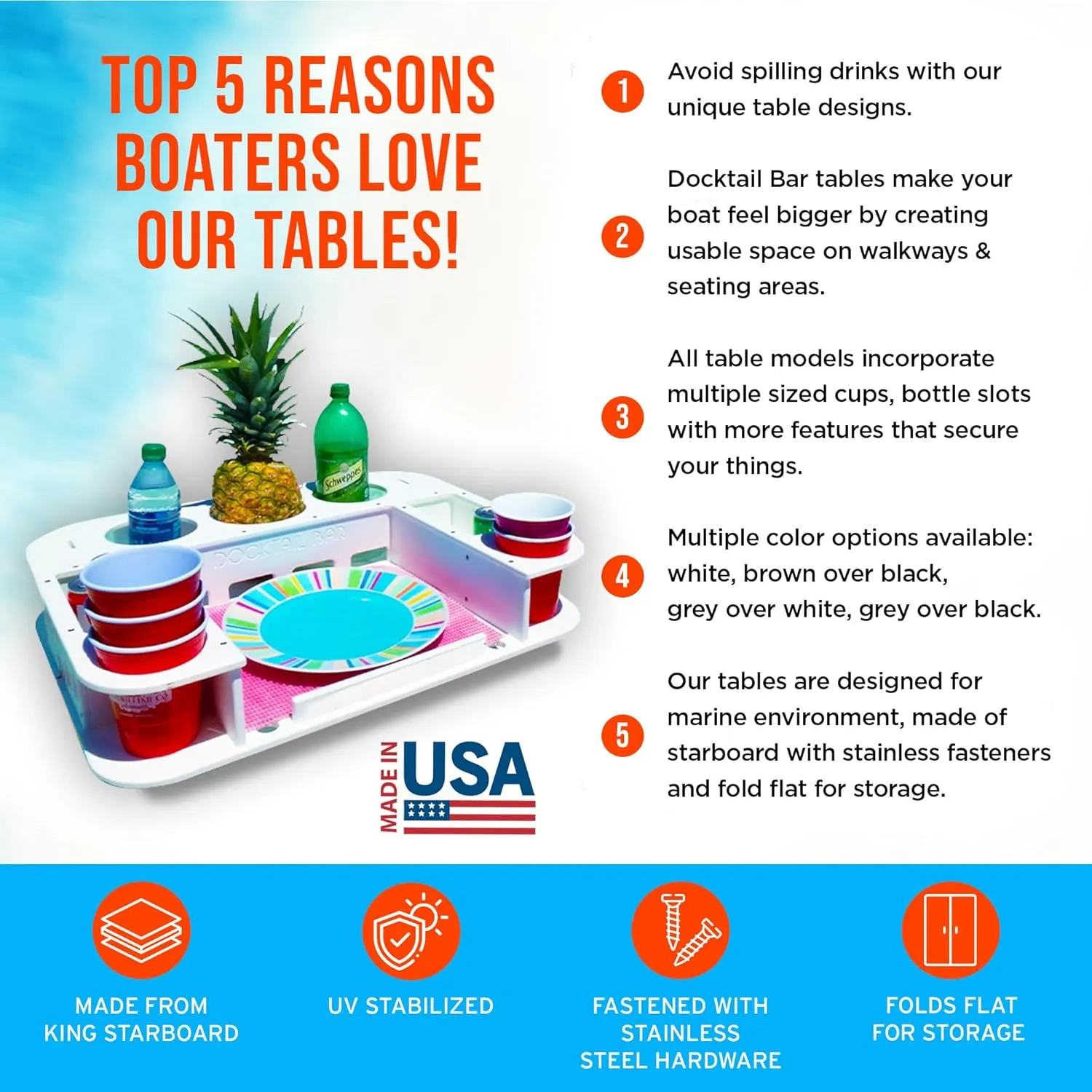 Docktail Butler Boat Table Caddy Organizer - Includes Rod Holder Mount | Portable Boat Table and Boat Bar, Marine Tables for Boats with Cup Holders, Boat Storage Accessories