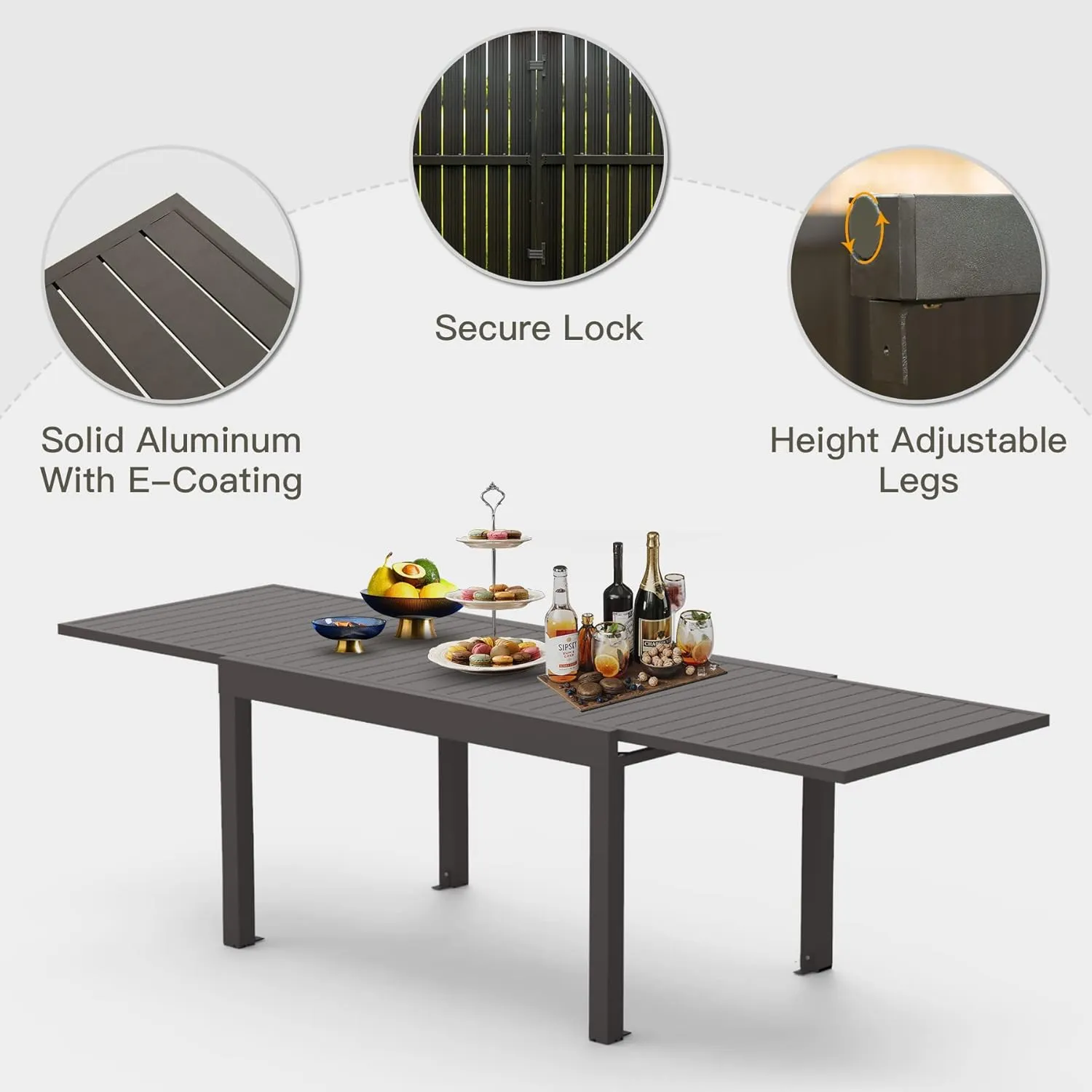 Domi Large Extendable Patio Dining Table, Aluminum Metal Indoor Outdoor 53"- 106" Adjustable for 6-8 Person Rectangular Table for Porch Backyard Balcony Garden (Dark-Brown)
