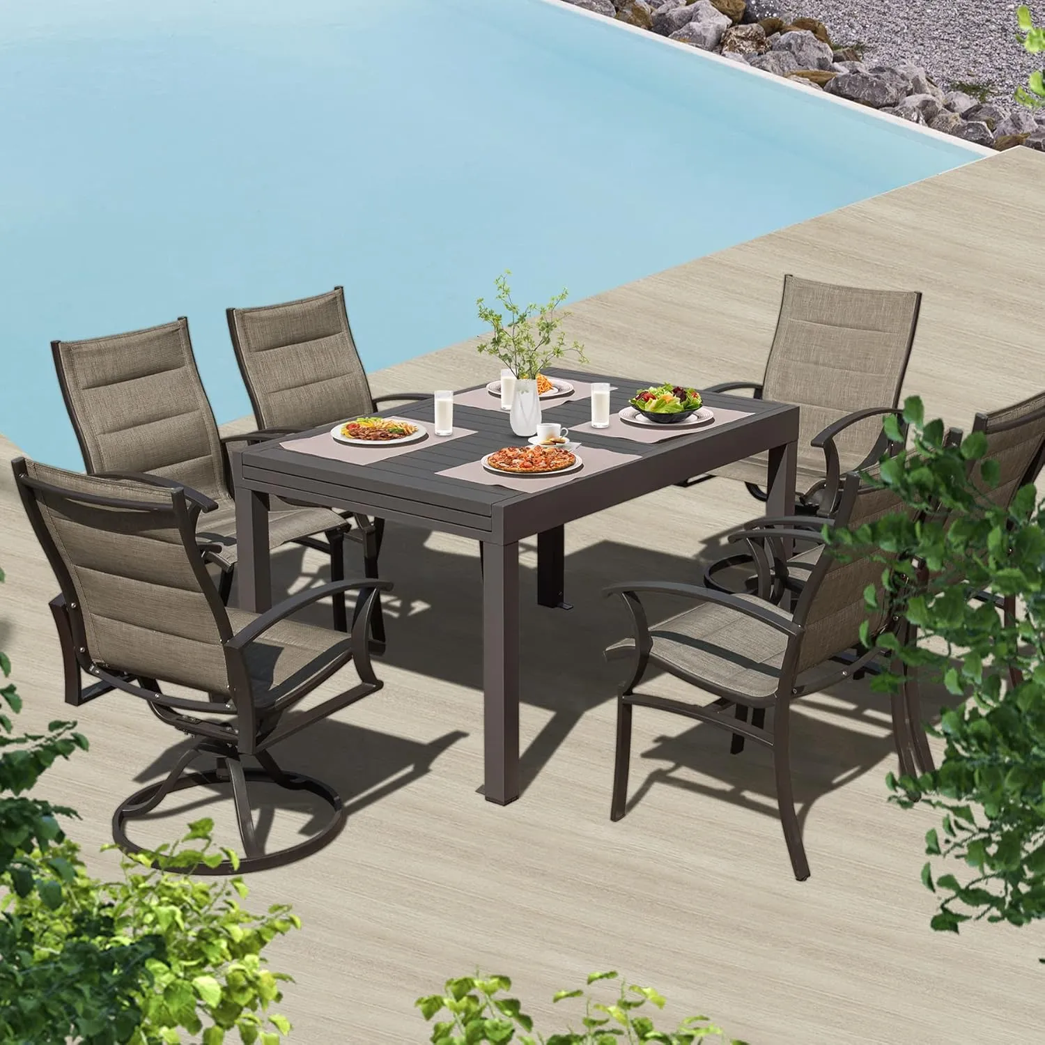 Domi Large Extendable Patio Dining Table, Aluminum Metal Indoor Outdoor 53"- 106" Adjustable for 6-8 Person Rectangular Table for Porch Backyard Balcony Garden (Dark-Brown)