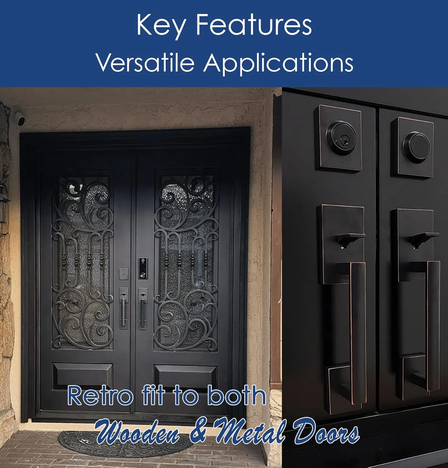 Double Door Handle Sets with Single Cylinder Deadbolt, Rectangular Adjustable Entry Door Lock Sets with Dummy (Arch Lever, Brushed Nickel)