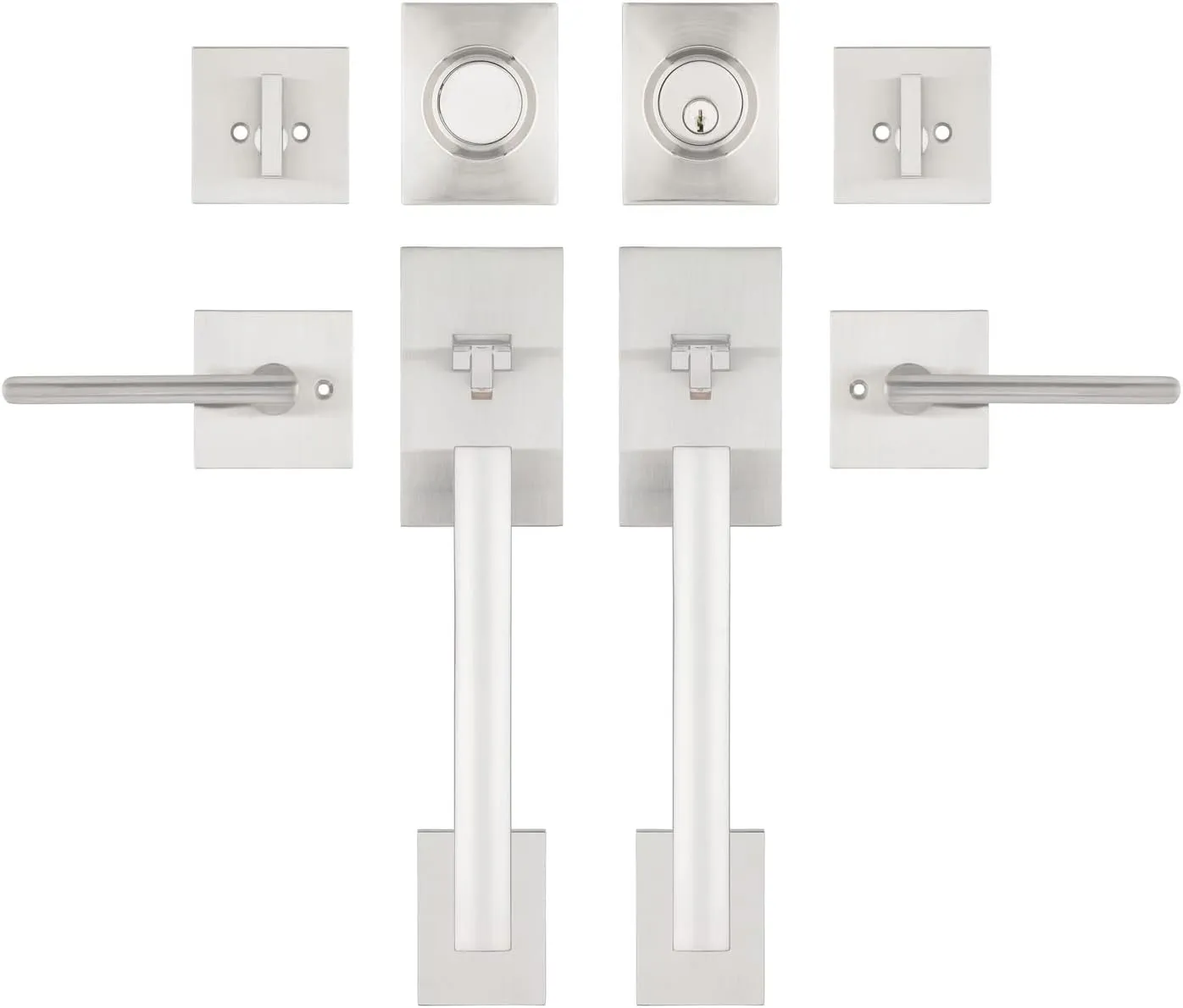 Double Door Handle Sets with Single Cylinder Deadbolt, Rectangular Adjustable Entry Door Lock Sets with Dummy (Arch Lever, Brushed Nickel)