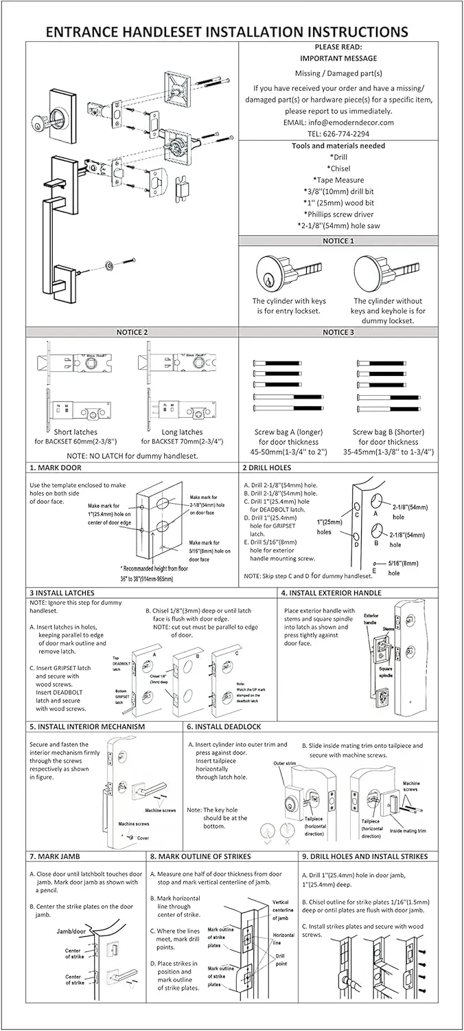 Double Door Handle Sets with Single Cylinder Deadbolt, Rectangular Adjustable Entry Door Lock Sets with Dummy (Arch Lever, Brushed Nickel)