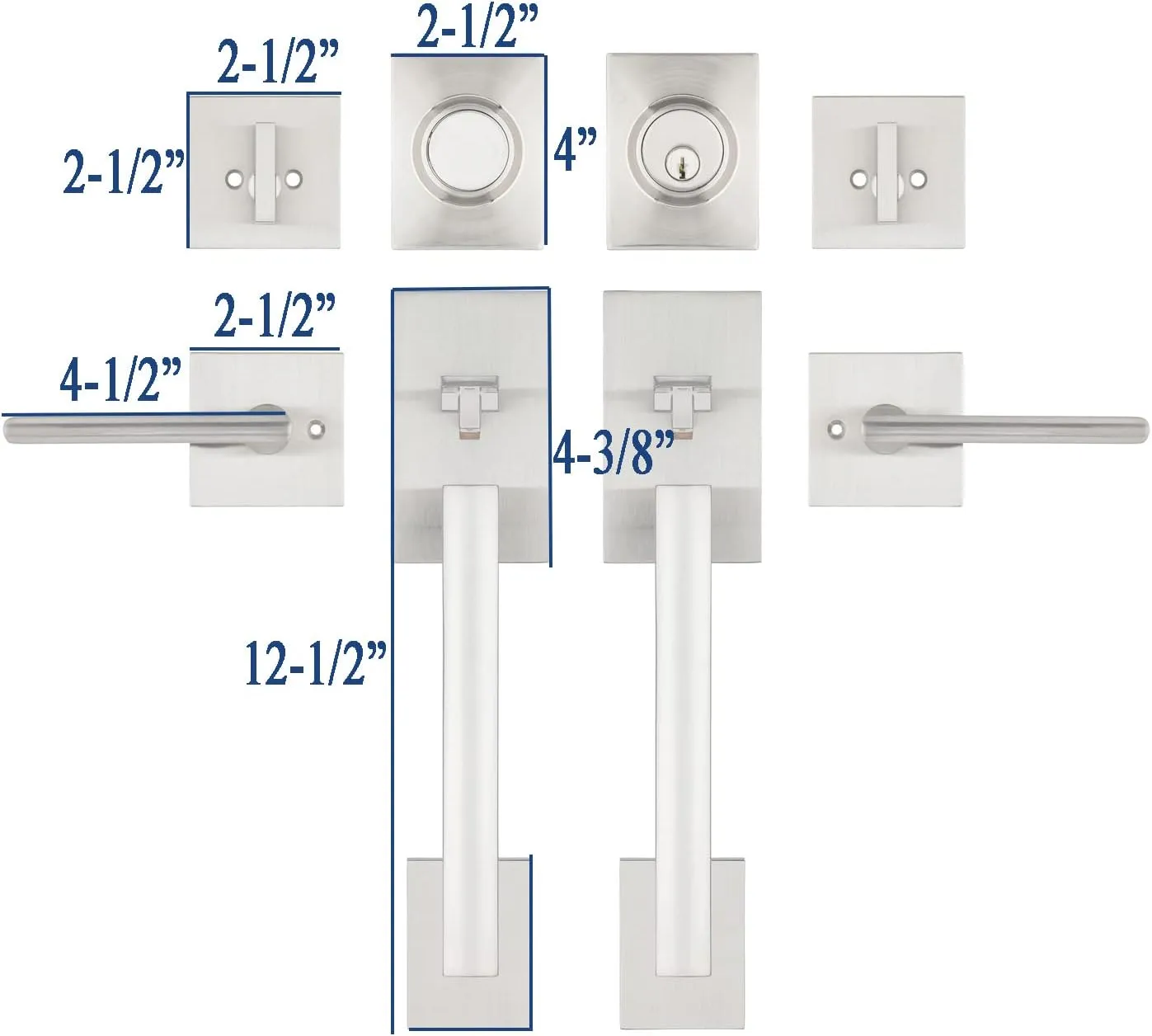 Double Door Handle Sets with Single Cylinder Deadbolt, Rectangular Adjustable Entry Door Lock Sets with Dummy (Arch Lever, Brushed Nickel)