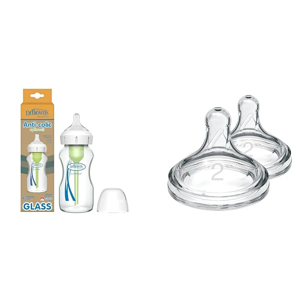 Dr. Brown's Anti-Colic Options  Wide-Neck Glass Baby Bottle 9 oz with Level 1 Slow Flow Nipple & Level 2 Medium Flow Silicone Nipples, 2 Count