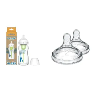 Dr. Brown's Anti-Colic Options  Wide-Neck Glass Baby Bottle 9 oz with Level 1 Slow Flow Nipple & Level 2 Medium Flow Silicone Nipples, 2 Count