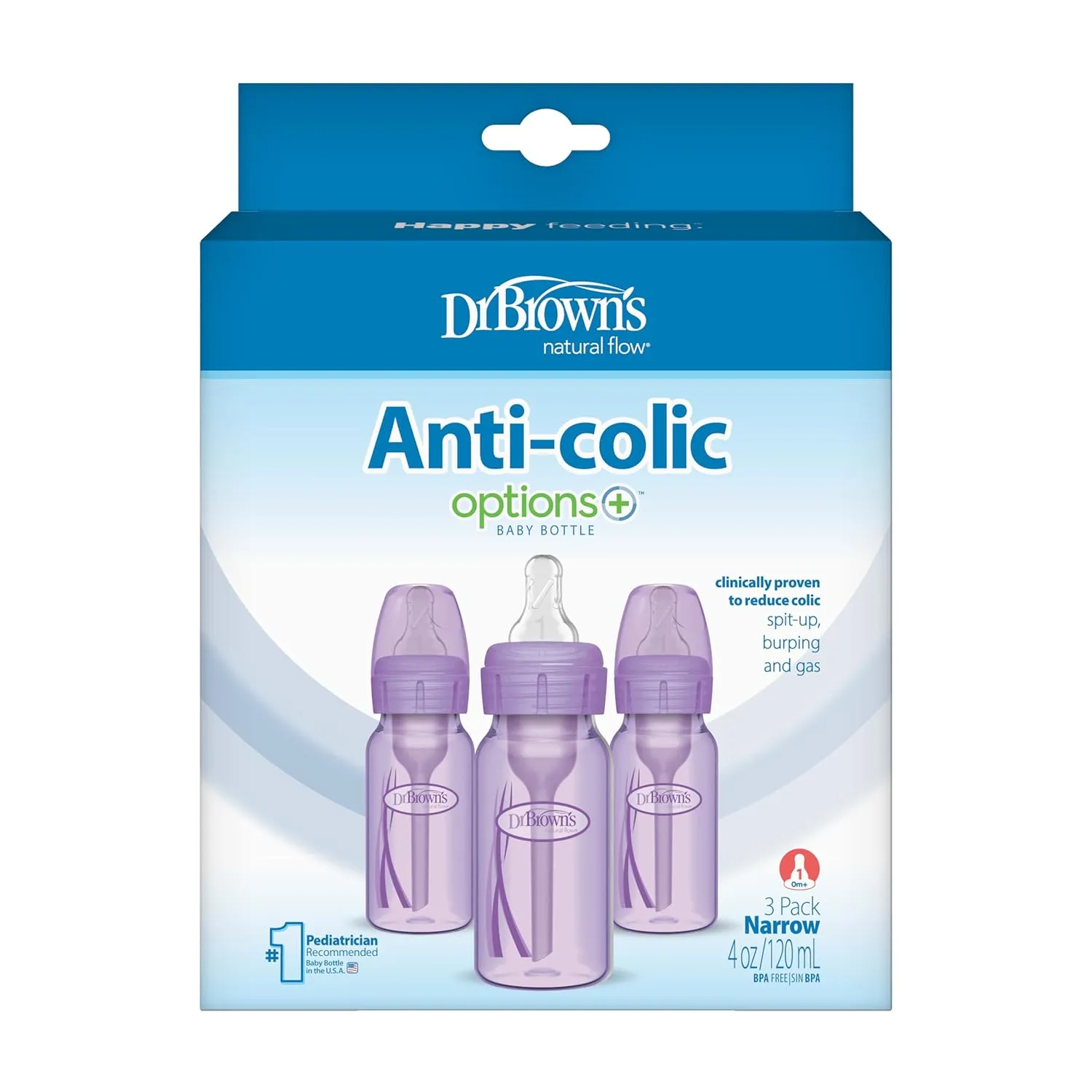 Dr. Brown’s Natural Flow® Anti-Colic Options ™ Narrow Baby Bottles 4 oz/120 mL, with Level 1 Slow Flow Nipple, 3 Pack, 0m  Lavender