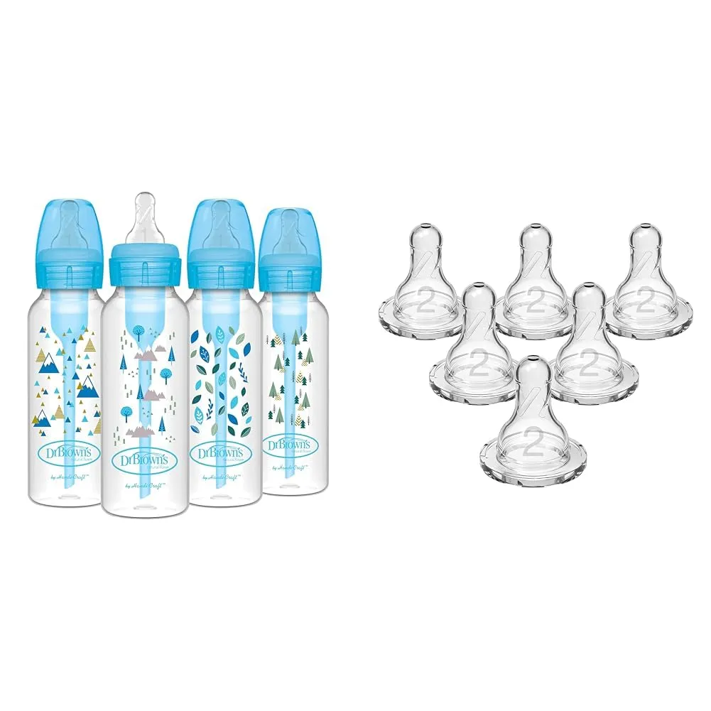 Dr. Brown's Natural Flow Anti-Colic Options  Narrow Baby Bottles, Nature Designs, 8oz/250mL & Natural Flow Level 2 Narrow Baby Bottle Silicone Nipple, Medium Flow, 3m 