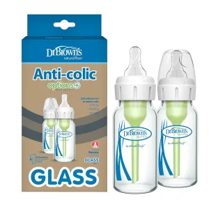 Dr. Brown's Natural Flow Anti-Colic Options  Narrow Glass Baby Bottle 4 oz/120 mL, with Level 1 Slow Flow Nipple, 2 Pack, 0m 