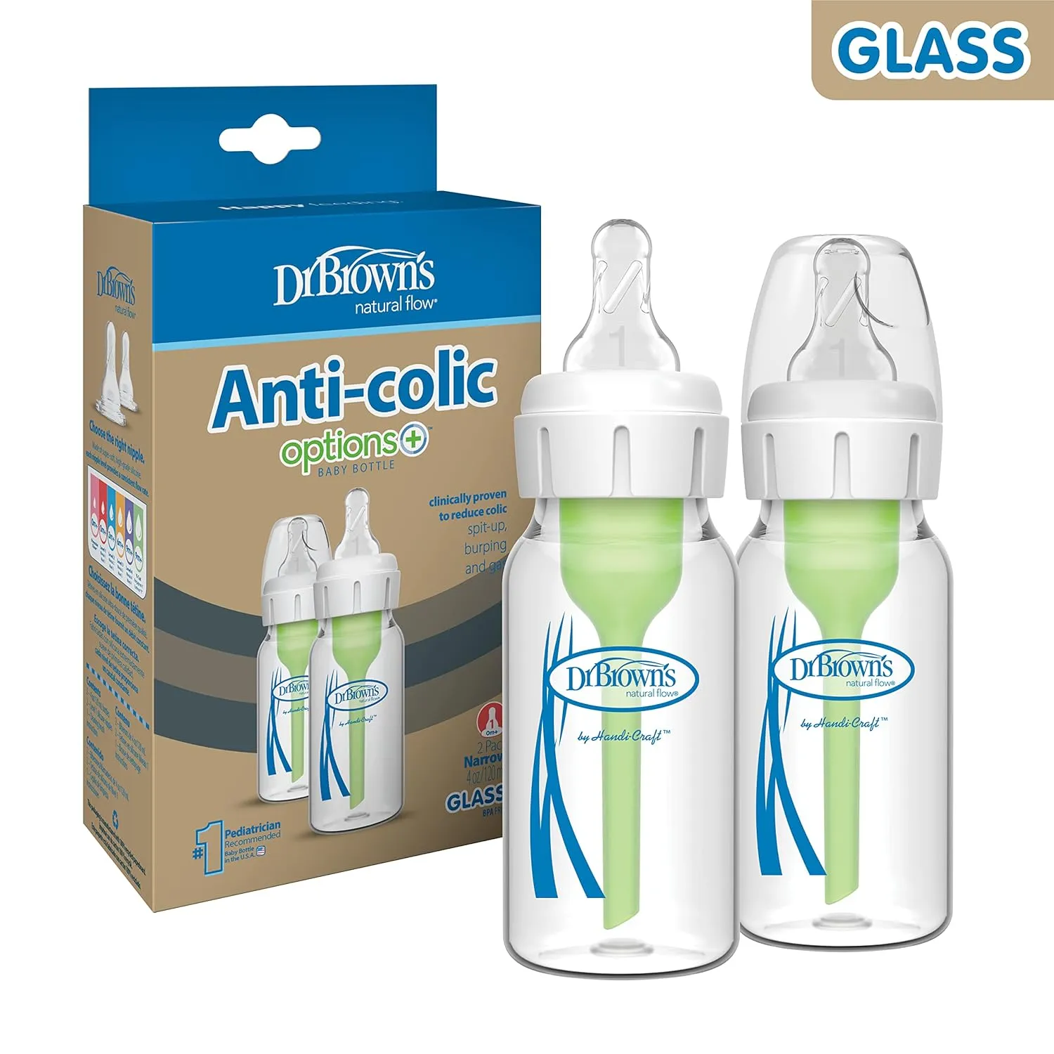 Dr. Brown's Natural Flow Anti-Colic Options  Narrow Glass Baby Bottle 4 oz/120 mL, with Level 1 Slow Flow Nipple, 2 Pack, 0m 