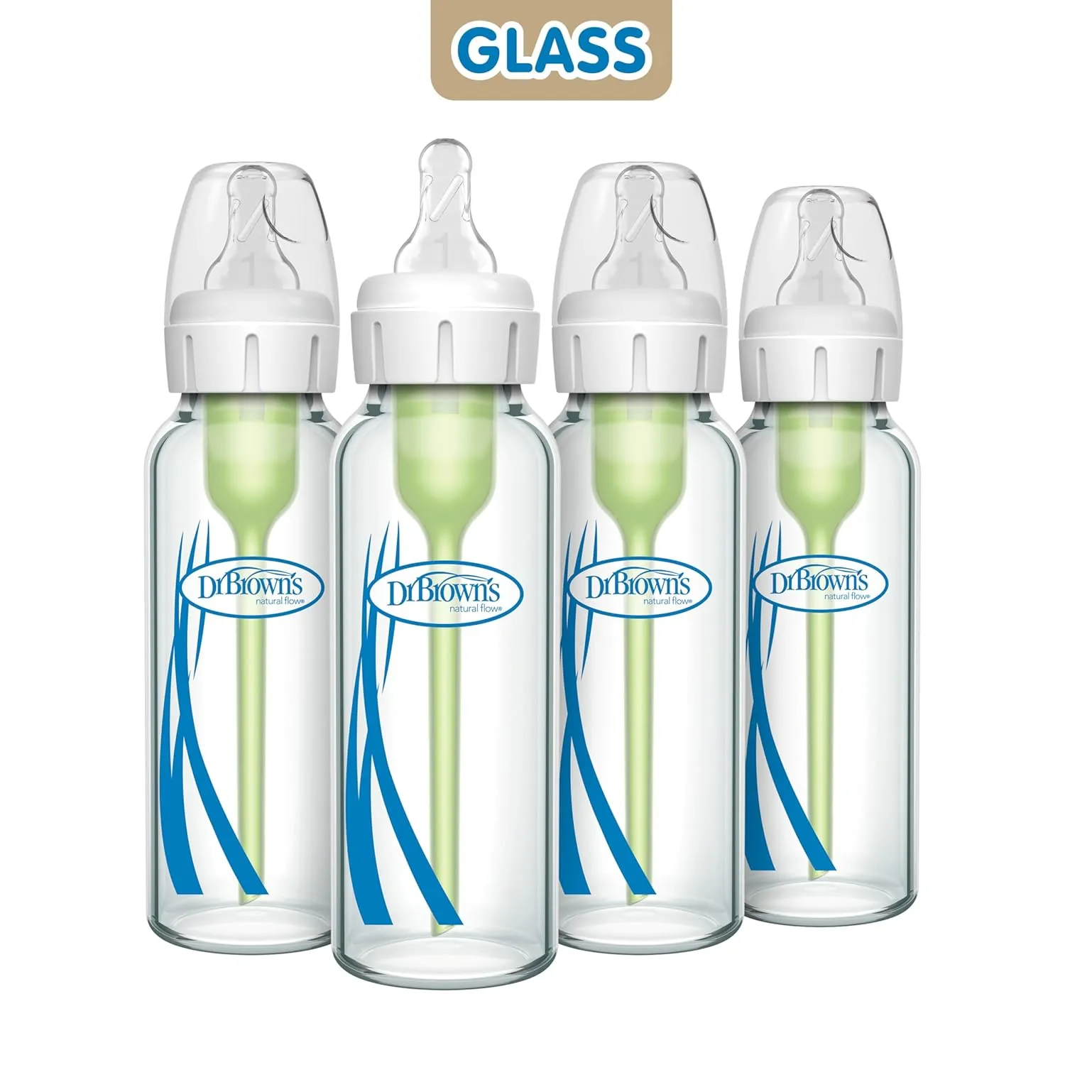 Dr. Brown's Natural Flow Anti-Colic Options  Narrow Glass Baby Bottle 8 oz/250 mL, with Level 1 Slow Flow Nipple, 4 Pack, 0m 