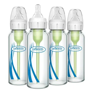 Dr. Brown's Natural Flow Anti-Colic Options  Narrow Glass Baby Bottle 8 oz/250 mL, with Level 1 Slow Flow Nipple, 4 Pack, 0m 