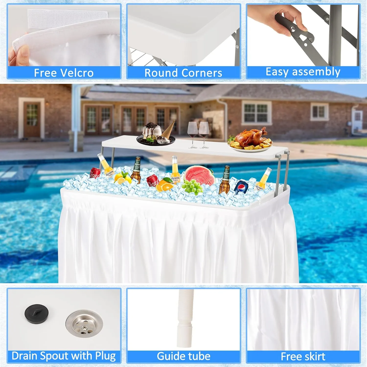 Dragosum Outdoor Cooler Ice Table with Drain and Shelf, Folding Table with Matching Skirt, Portable Table Coolers 4 Foot for Party BBQ Camping Wedding